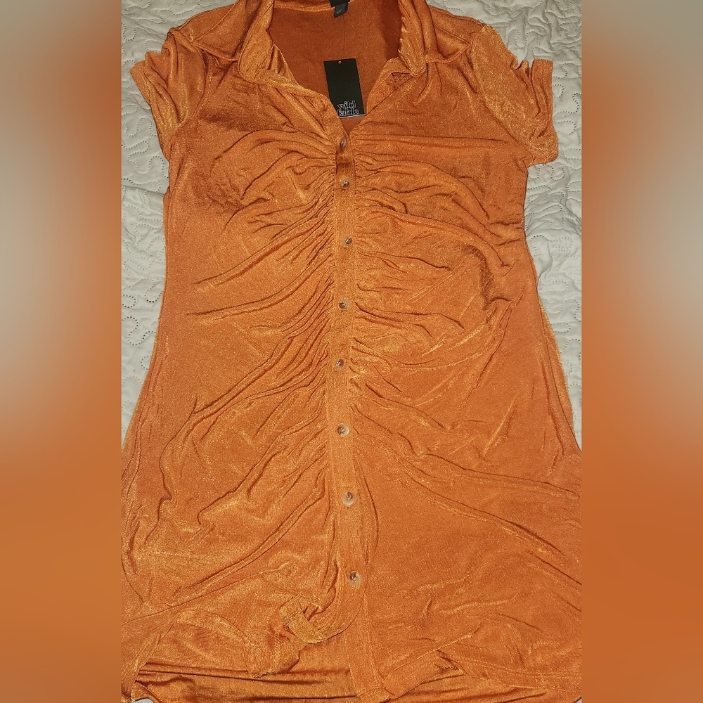 Orange Button-Up Ruched Mini Dress